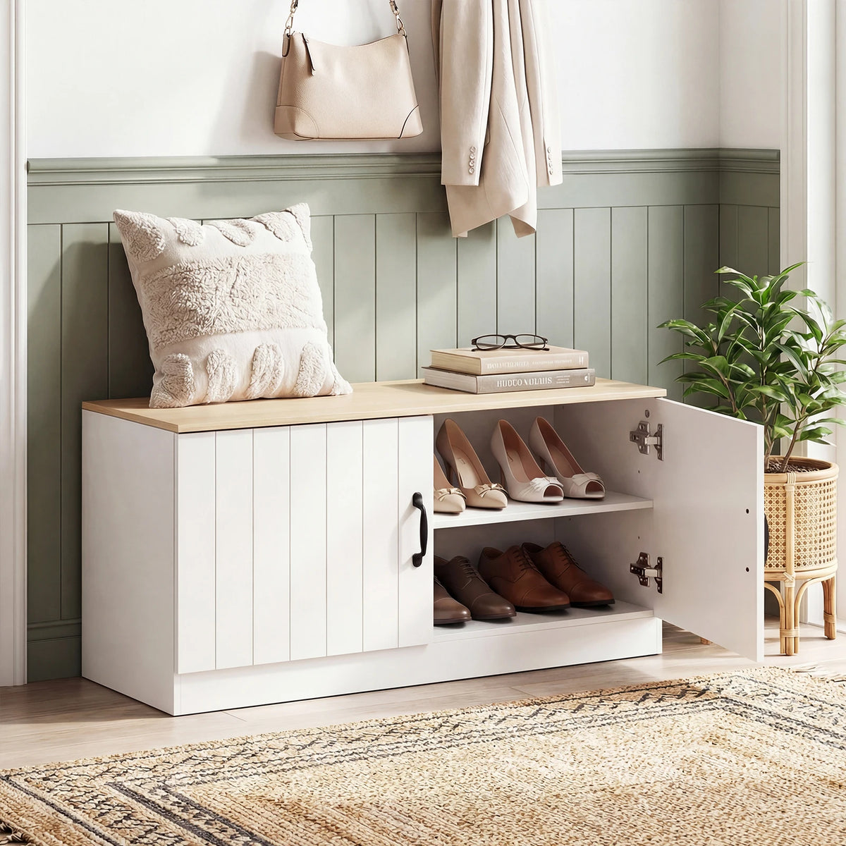 2-Door Shoe Bench with Adjustable Shelves, Hidden Storage Space for Hallway,Living room or Bedroom