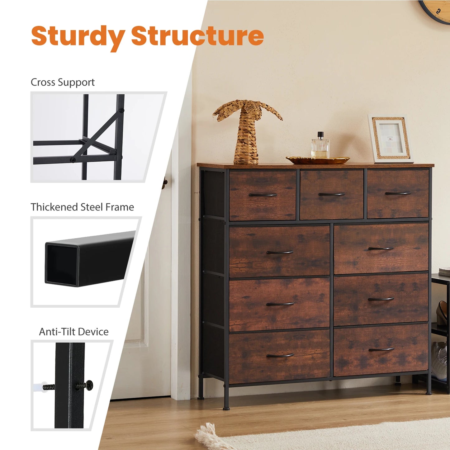 Dresser For Bedroom With 9 Fabric Storage Drawers, Tall Chest Organizer