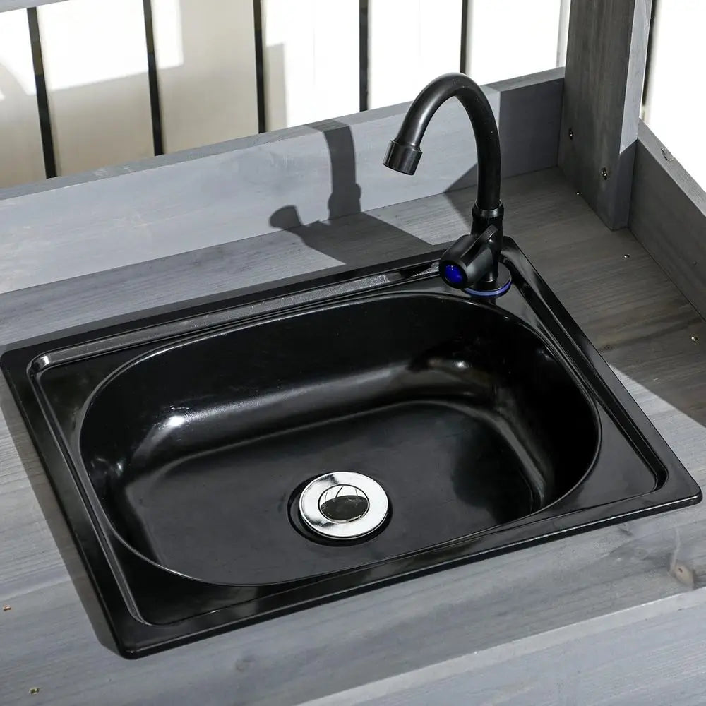 Outdoor Wooden Garden Workbench with Detachable Sink, Faucet, Storage, and Hooks, Gray