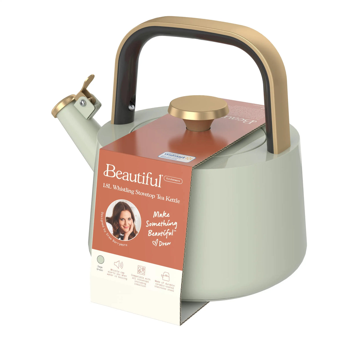 Beautiful 1.8L Ceramic Non-Stick Stovetop Tea Kettle, Sage Green by Drew Barrymore