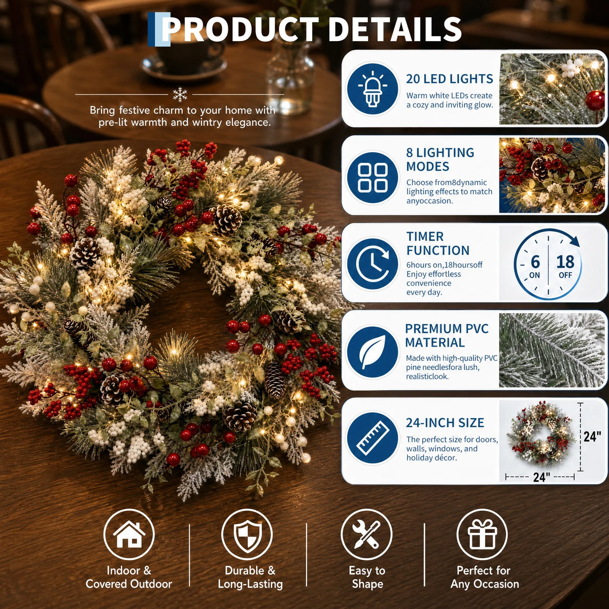 24 inch Pre-Lit Christmas Wreath with 20 LED Lights, 8-Mode Timer, Snowy Pinecone Berry Holiday Wreath for Front Door, Indoor Outdoor Decor