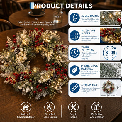 24 inch Pre-Lit Christmas Wreath with 20 LED Lights, 8-Mode Timer, Snowy Pinecone Berry Holiday Wreath for Front Door, Indoor Outdoor Decor