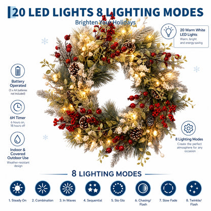 24 inch Pre-Lit Christmas Wreath with 20 LED Lights, 8-Mode Timer, Snowy Pinecone Berry Holiday Wreath for Front Door, Indoor Outdoor Decor