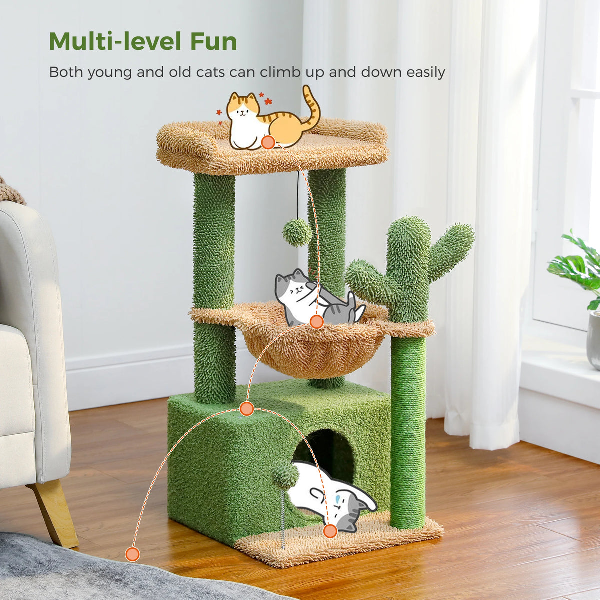 4-in-1 Cat Tree with Large Cat Condo, Sisal Scratching Post, Deep Hammock, Cozy Top Perch