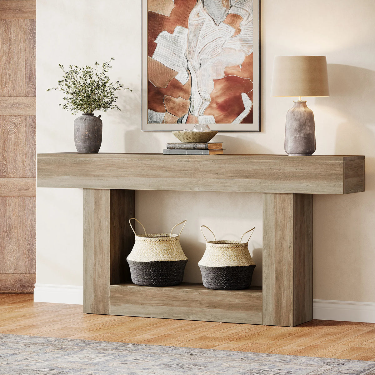 63" Console Table, Farmhouse 2-Tier Entryway Table with U-Shaped Base, Narrow Long Wood Sofa Table, Behind Couch Table