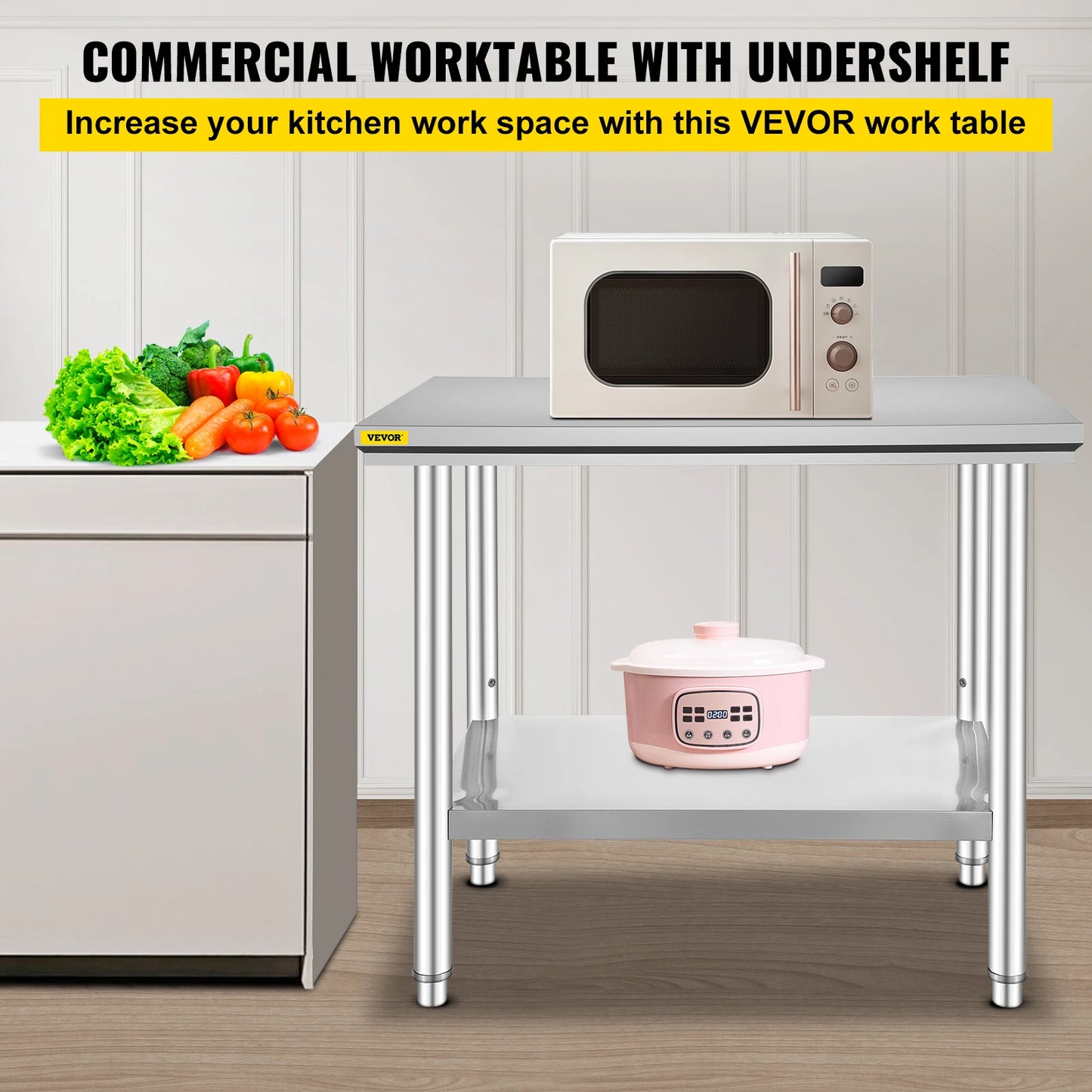 Kitchen Work Table for Commercial Catering, Garage, Restaurant with Undershelf, Stainless Steel