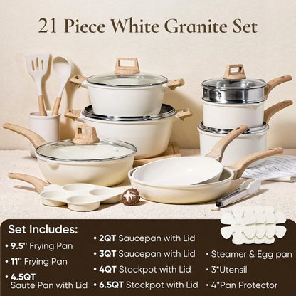 21Pcs Nonstick Cookware Sets, White Granite