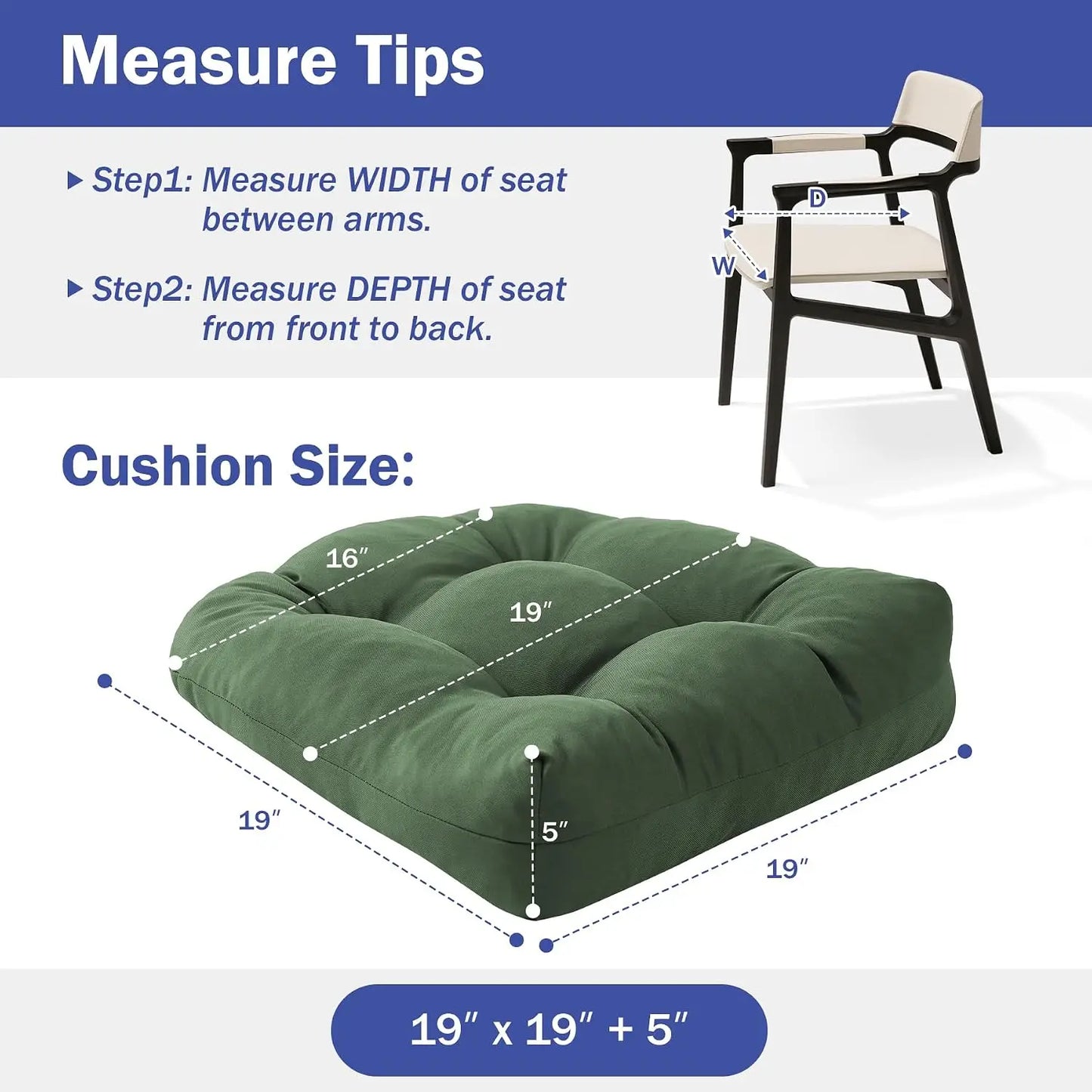 Outdoor Chair Cushions Set of 2, with Ties, 19x19+5” Tufted , Waterproof