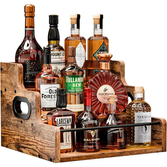Three Tier Countertop Liquor Display Shelf, Coffee Syrup Organizer, Retro Mini Bar Cabinet Stand