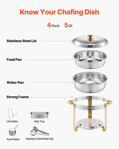 4 Pack Chafing Dish Buffet Set, Stainless Steel w/4 Full Size Round Pans