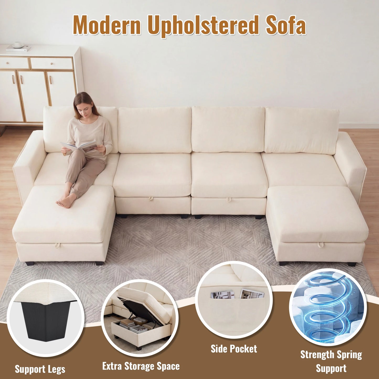 Modular Sectional Sofa Set with 2 Ottomans, U Shaped Convertible Couch with Storage