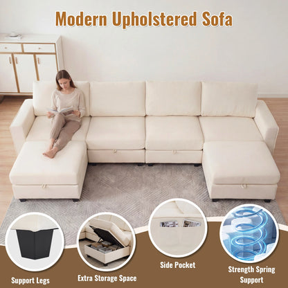 Modular Sectional Sofa Set with 2 Ottomans, U Shaped Convertible Couch with Storage