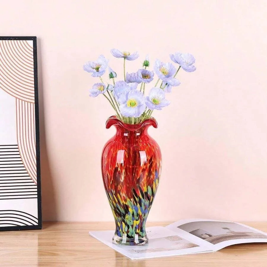 12.2H Murano Hand Blown Glass Vase, Ruffled Scalloped Rim