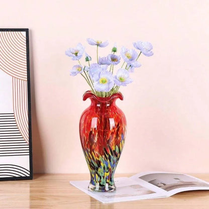 12.2H Murano Hand Blown Glass Vase, Ruffled Scalloped Rim
