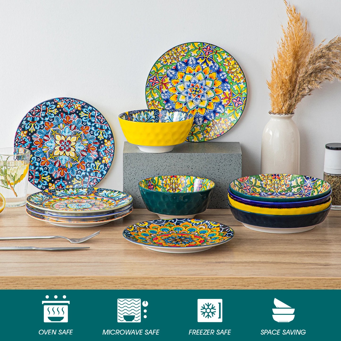 12/16/18/24 Piece Ceramic Dinnerware Set, Stoneware Bohemian Style