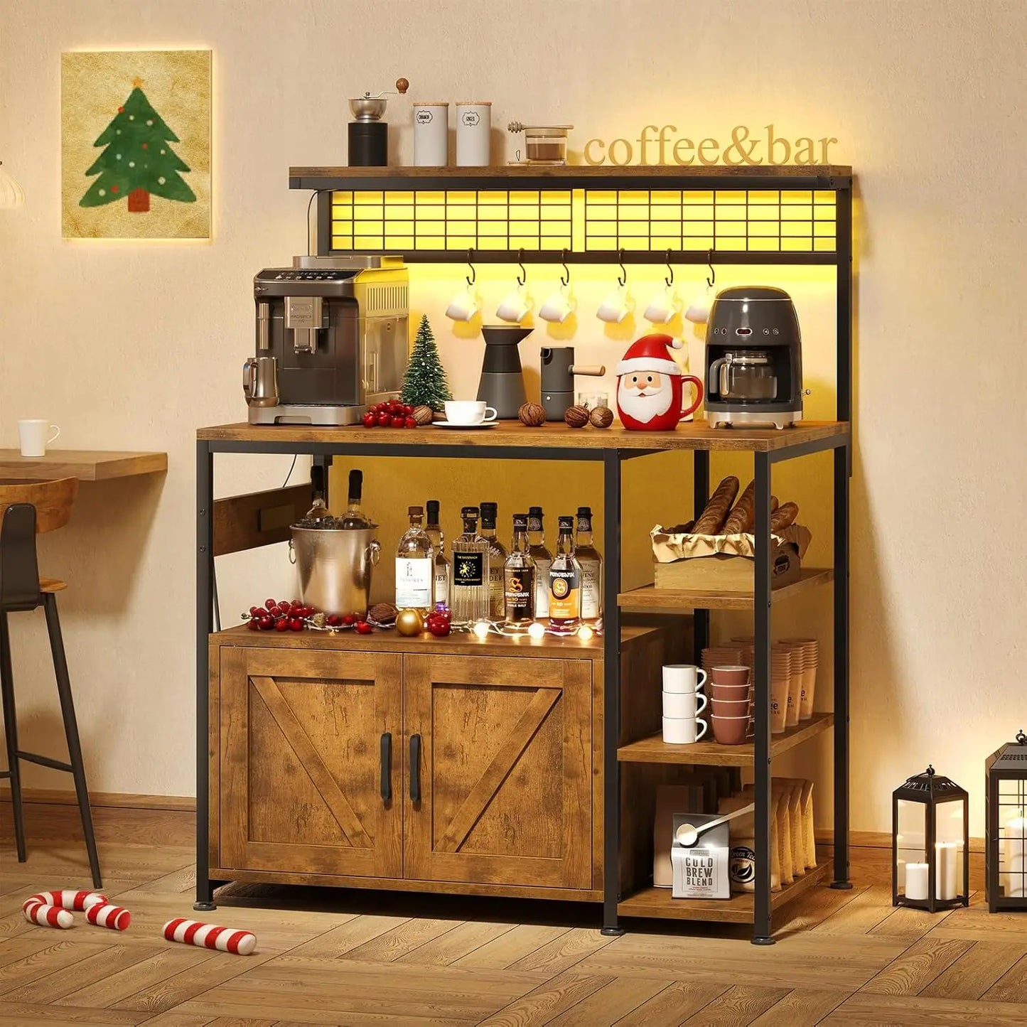 Bakers Rack with Power Outlet and LED Light, Microwave Stand with Storage Cabinet