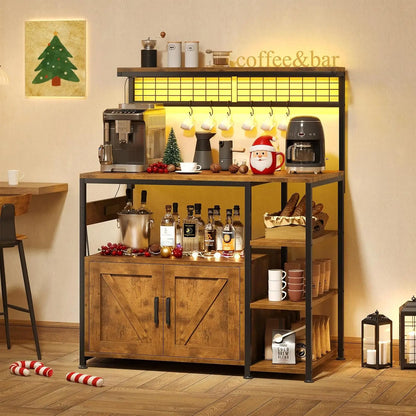 Bakers Rack with Power Outlet and LED Light, Microwave Stand with Storage Cabinet