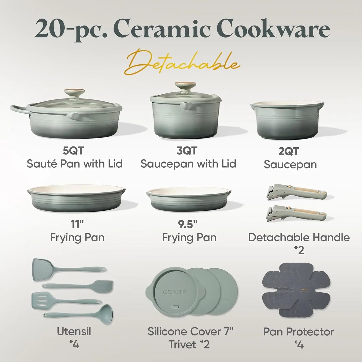 20Pcs Titanium Cookware Set, Non Stick with Detachable Handle