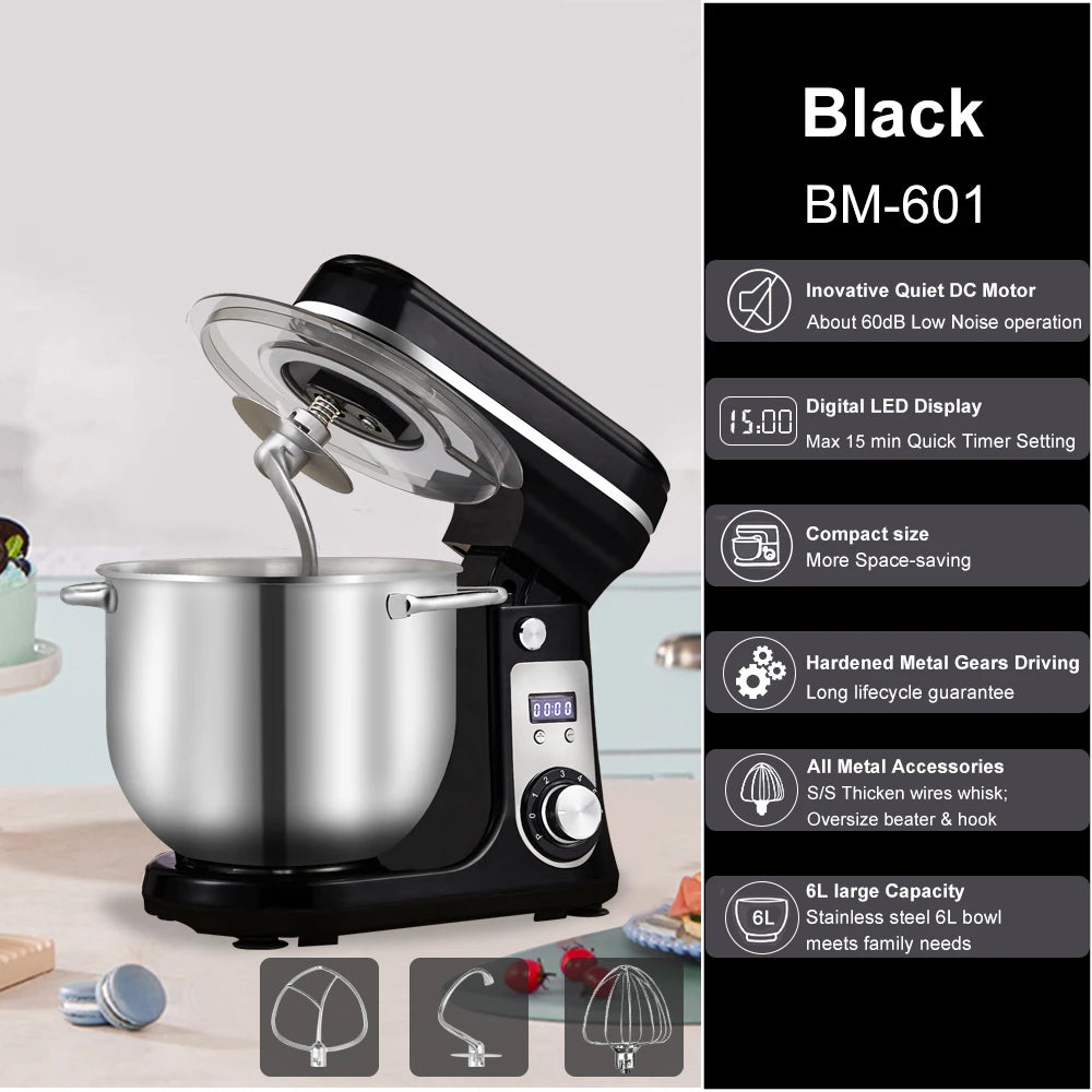 Kitchen Food Stand Mixer, Quiet Motor, Cream Egg Whisk, Whip Dough Kneader, 6-Speed, 1200 W