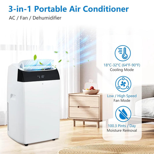 14000 BTU Portable Air Conditioner, 3-In-1 Free Standing Cooling AC Unit With Fan, Dehumidifier, Remote Control, Sleep Mode
