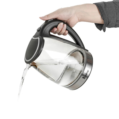 110V 1200W 1.8L Electric Glass Kettle, US Plug, Borosilicate Glass, Blue LED Auto Shut Off 360 Rotation Base