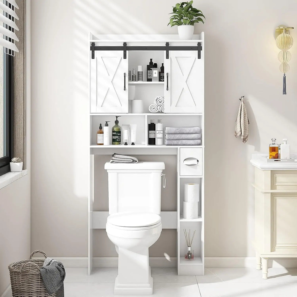 Over The Toilet Storage Cabinet with Sliding Doors, White | Farmhouse Storage Cabinet Over Toilet, Home Space-Saving Toilet Rack, Toilet Paper Holder Stand