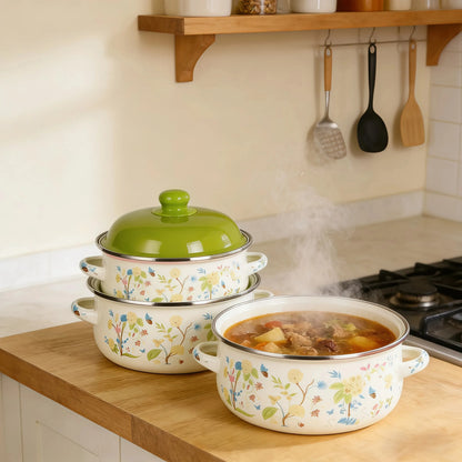 3Pcs Vintage Enamel Stock Pot Set with Lid,34oz/51oz/68oz Retro Flower