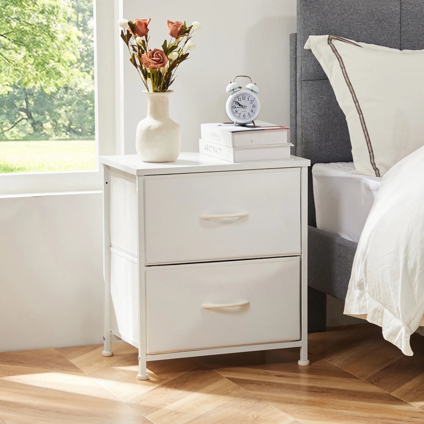 Nightstand, Table Storage For Bedroom 2 Fabric Drawers