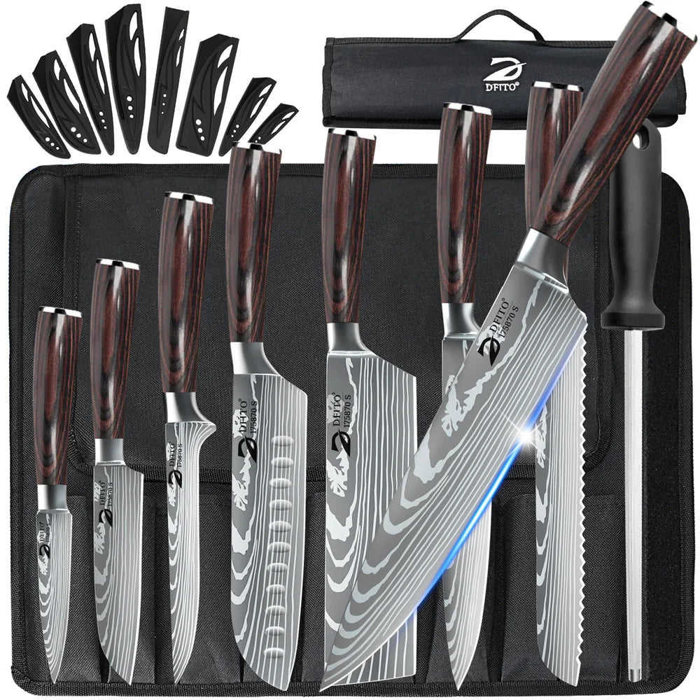 8PCS Damascus Stainless Steel Kitchen Knife Set, Super Sharp Japanese Style Chef Santoku Cleaver, Slicing Boning Utility Paring Knives Complete Cooking Cutlery Kit with Portable Protective Nylon Carry Bag for Home Kitchen Che