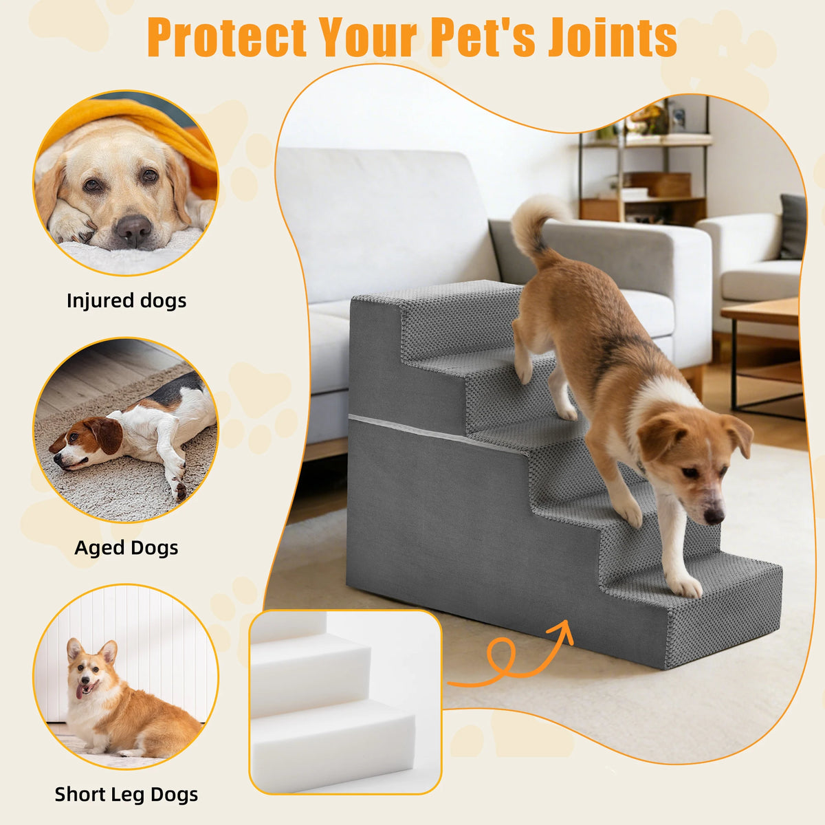 3-5 Step Right Angled Foam Dog Stairs Ramp for Small Dogs, Indoor Non-Slip Pet Ladder