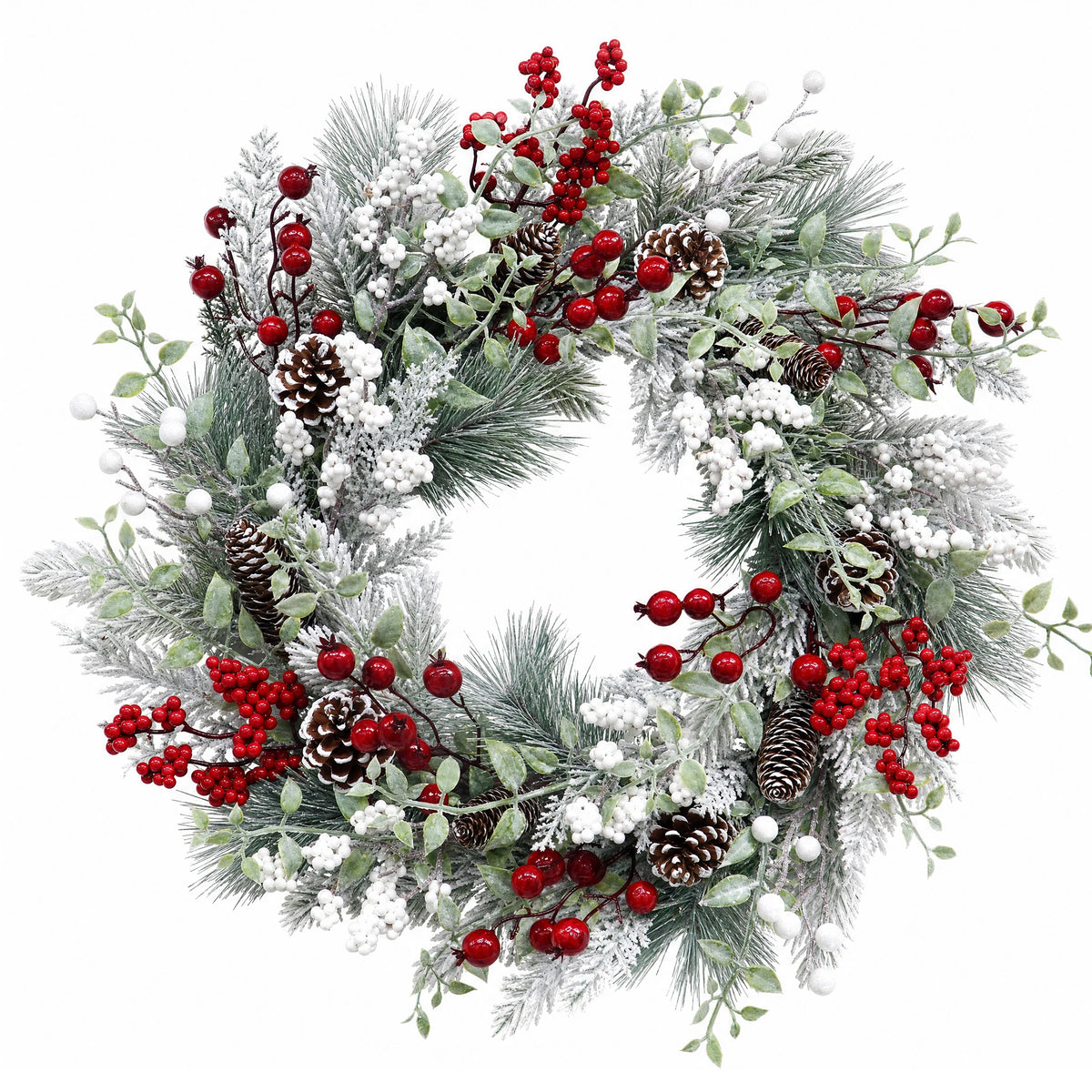 24 inch Pre-Lit Christmas Wreath with 20 LED Lights, 8-Mode Timer, Snowy Pinecone Berry Holiday Wreath for Front Door, Indoor Outdoor Decor