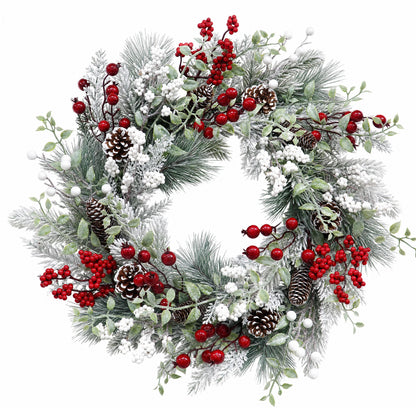 24 inch Pre-Lit Christmas Wreath with 20 LED Lights, 8-Mode Timer, Snowy Pinecone Berry Holiday Wreath for Front Door, Indoor Outdoor Decor
