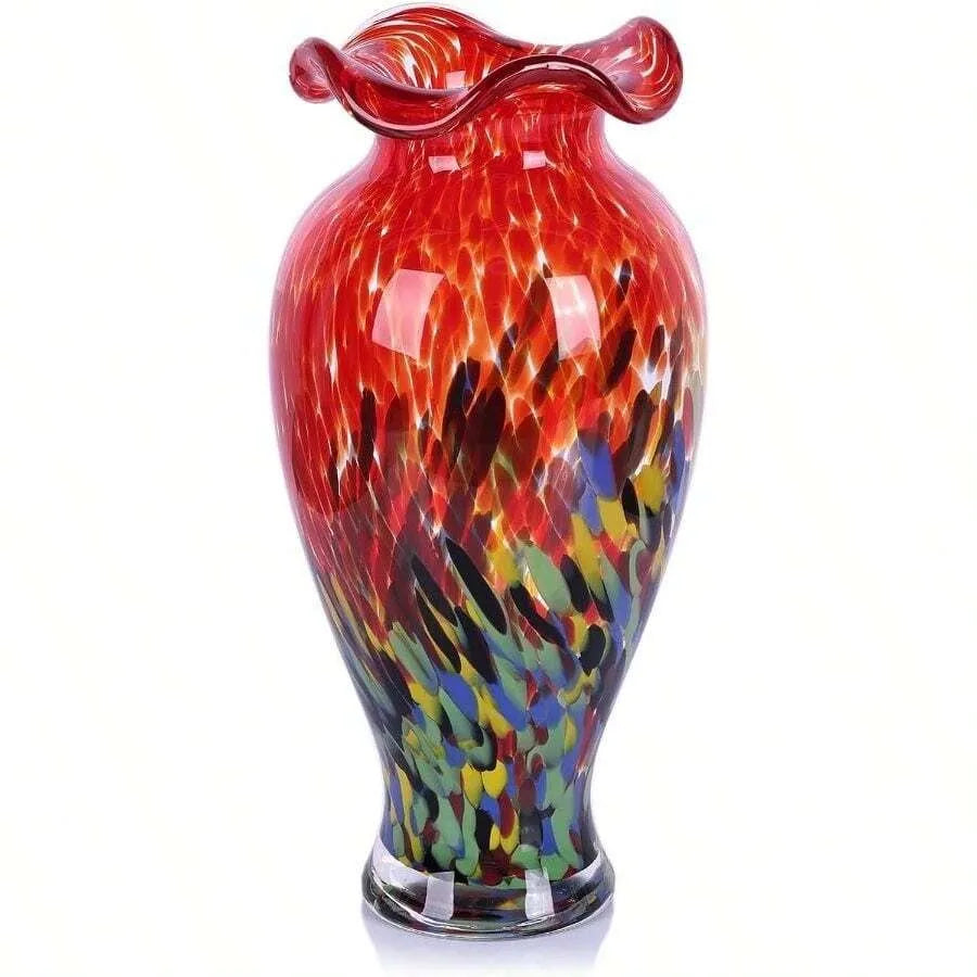 12.2H Murano Hand Blown Glass Vase, Ruffled Scalloped Rim