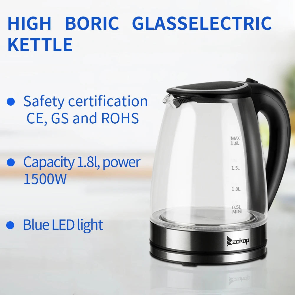110V 1200W 1.8L Electric Glass Kettle, US Plug, Borosilicate Glass, Blue LED Auto Shut Off 360 Rotation Base