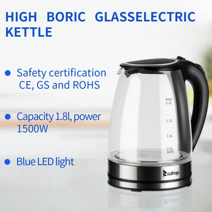 110V 1200W 1.8L Electric Glass Kettle, US Plug, Borosilicate Glass, Blue LED Auto Shut Off 360 Rotation Base