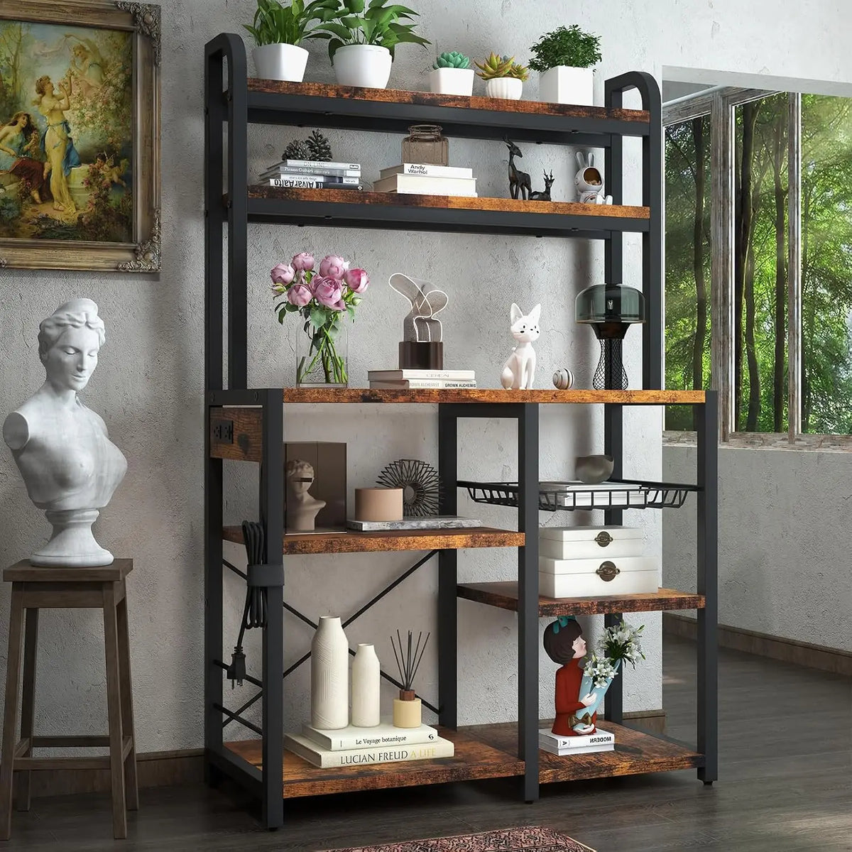 6Tier Storage Rack with Microwave Stand for Coffee Bar with Wire Drawer,Spacious