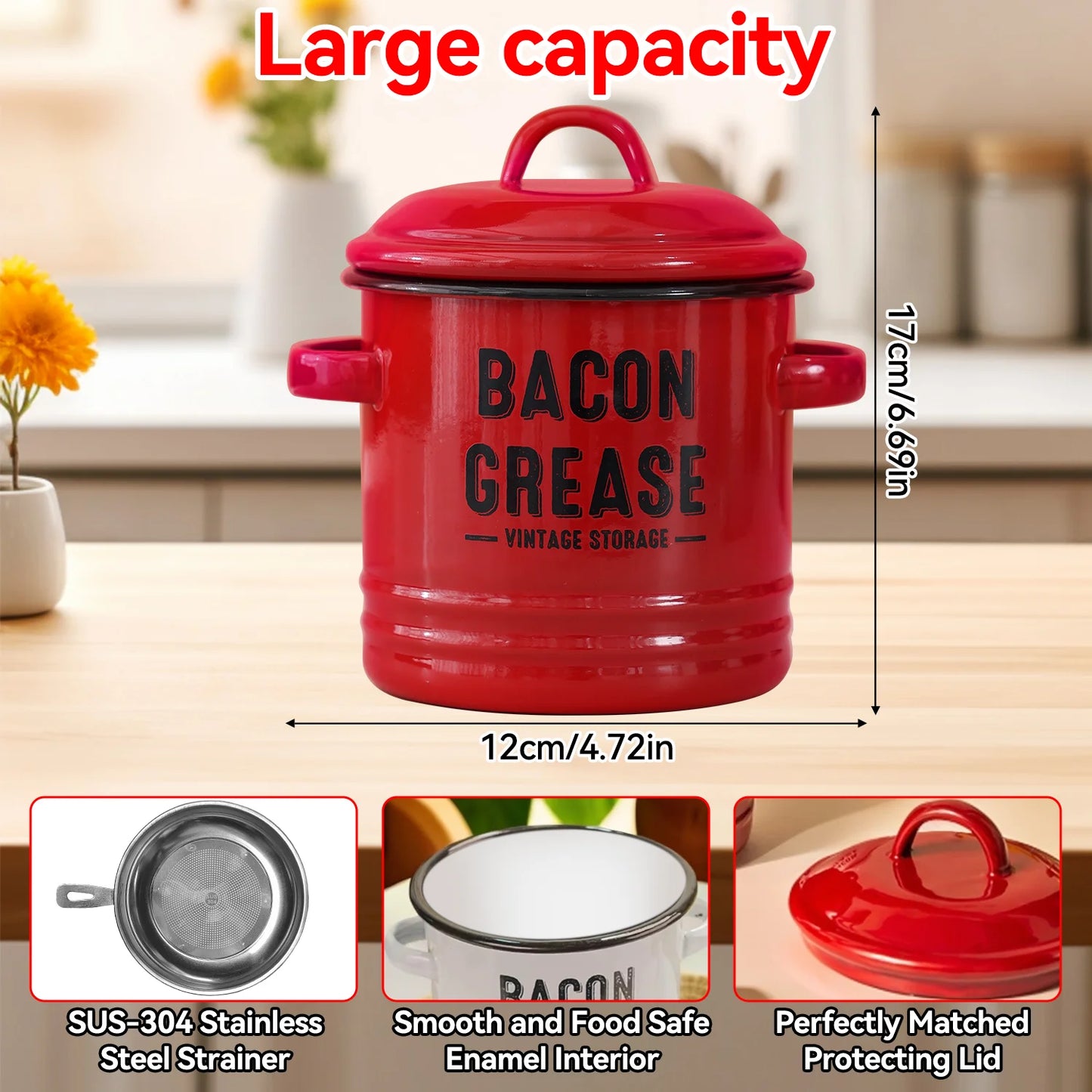 46 Oz Grease Container with Filter, Scraper, Strainer & Silicone Spatula, Dishwasher Safe