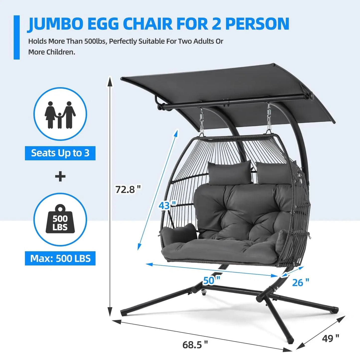 Oversized Double Hanging Swing Chair with Removable & Adjustable Canopy, Double Egg Chair