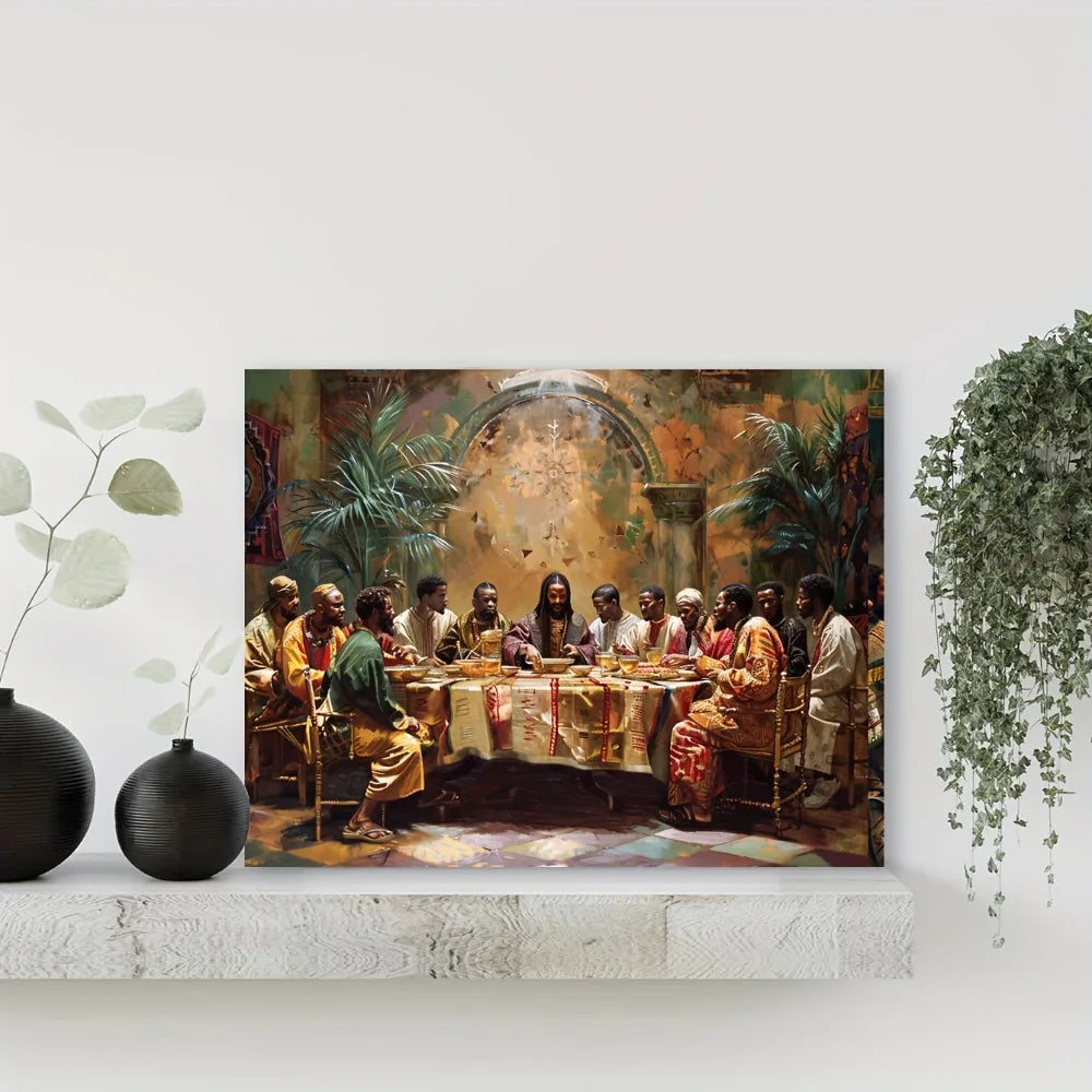 Black Last Supper canvas mural with 1.5 inch thick wood pine frame