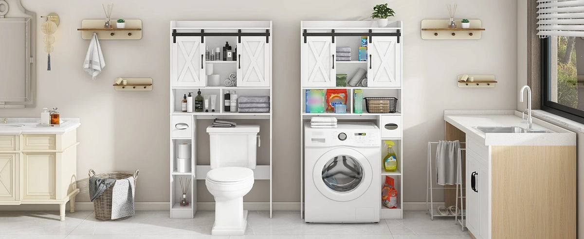 Over The Toilet Storage Cabinet with Sliding Doors, White | Farmhouse Storage Cabinet Over Toilet, Home Space-Saving Toilet Rack, Toilet Paper Holder Stand