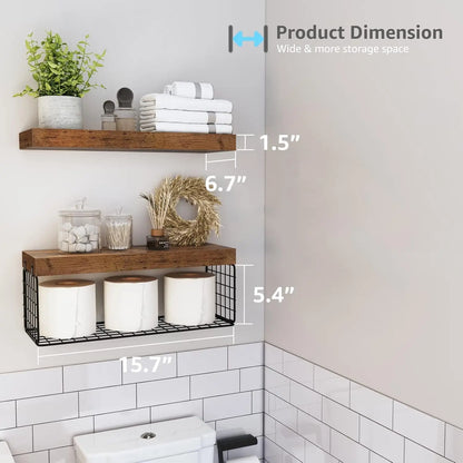 Farmhouse Bathroom Shelves Over Toilet, Set of 2, 16 inch, Rustic Brown, Wall Mounted Floating Shelf for Storage