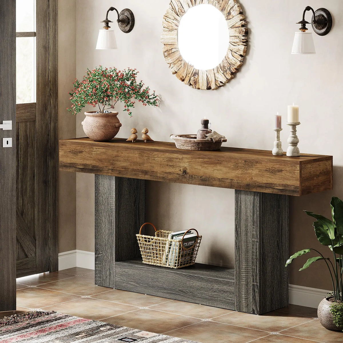 63" Console Table, Farmhouse 2-Tier Entryway Table with U-Shaped Base, Narrow Long Wood Sofa Table, Behind Couch Table