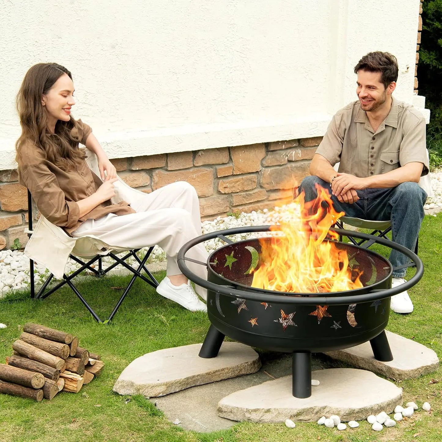 32 Inch Round Fire Pit with Mesh Cover, with Star and Moon Design
