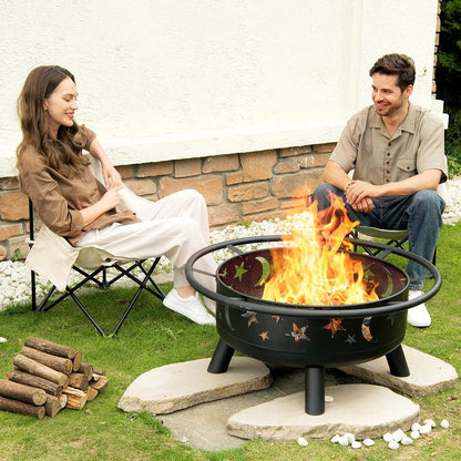32 Inch Round Fire Pit with Mesh Cover, with Star and Moon Design