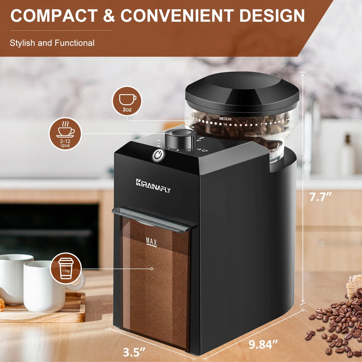 Automatic Electric Burr Mill Coffee Bean Grinder With 28 Adjustable Gears for Espresso French Press Drip Coffee