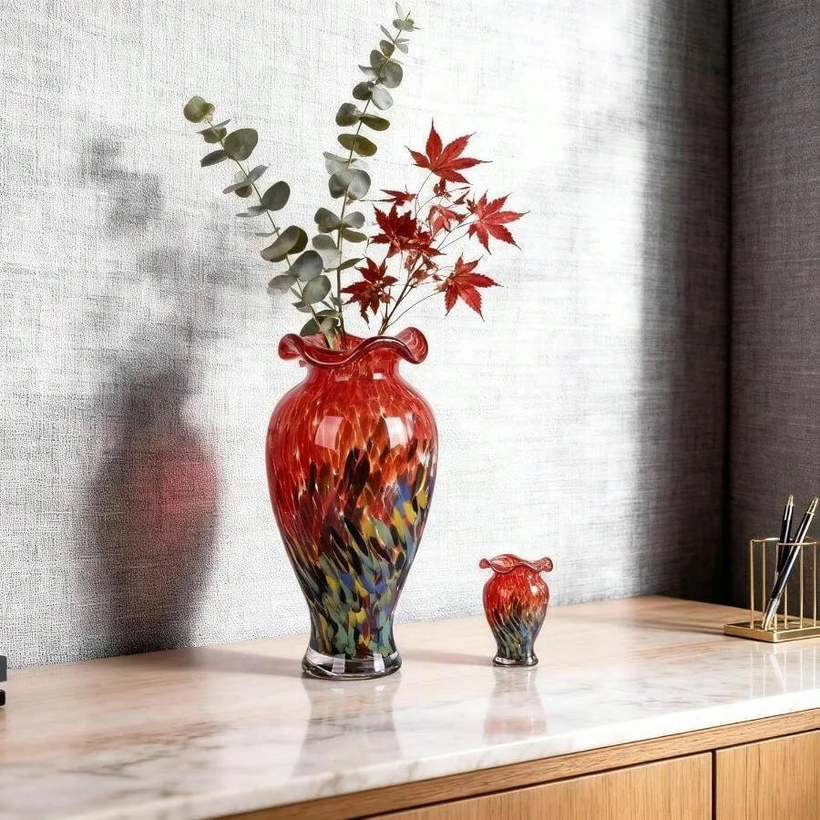 12.2H Murano Hand Blown Glass Vase, Ruffled Scalloped Rim