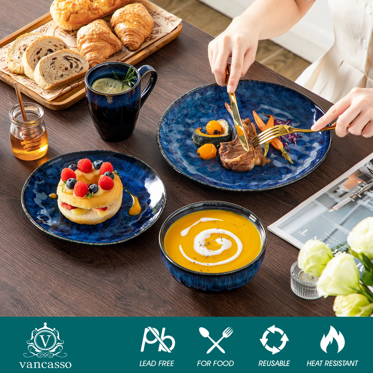 16/32-Piece Starry Blue Dinner Set, Kiln Glaze Tableware Dinner Set with Dinner Plate, Dessert Plate, Bowl
