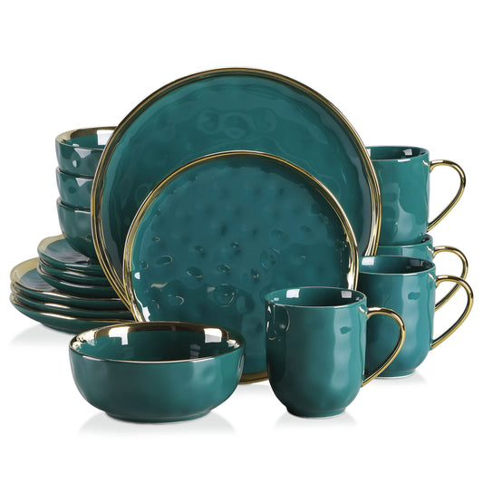 16/32 Piece Green Porcelain Dinnerware Set with 4PCS Gold Trim