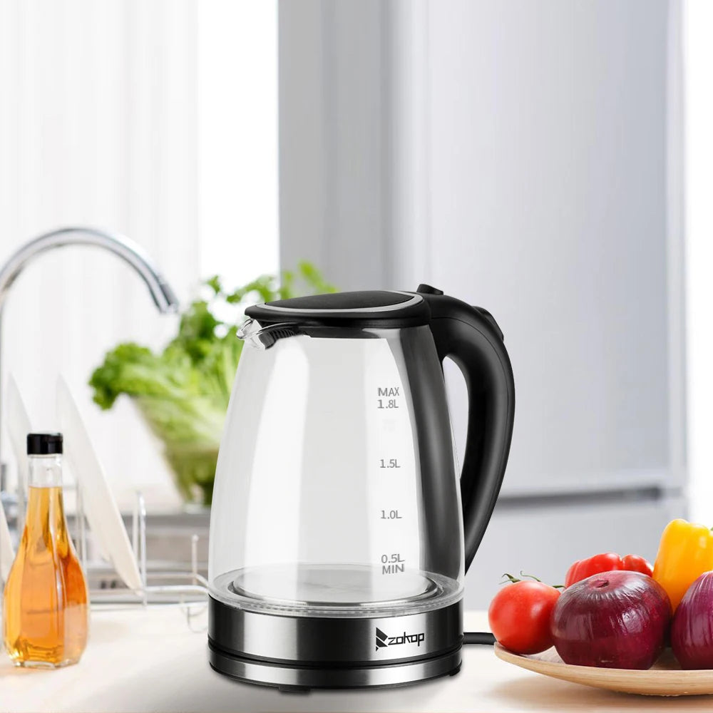 110V 1200W 1.8L Electric Glass Kettle, US Plug, Borosilicate Glass, Blue LED Auto Shut Off 360 Rotation Base