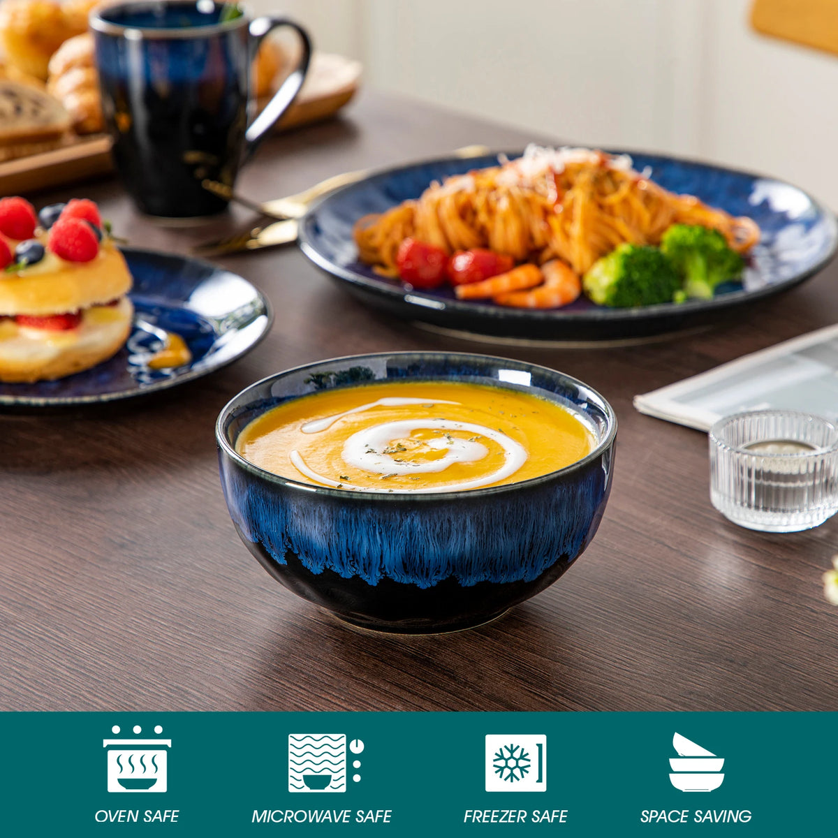 16/32-Piece Starry Blue Dinner Set, Kiln Glaze Tableware Dinner Set with Dinner Plate, Dessert Plate, Bowl